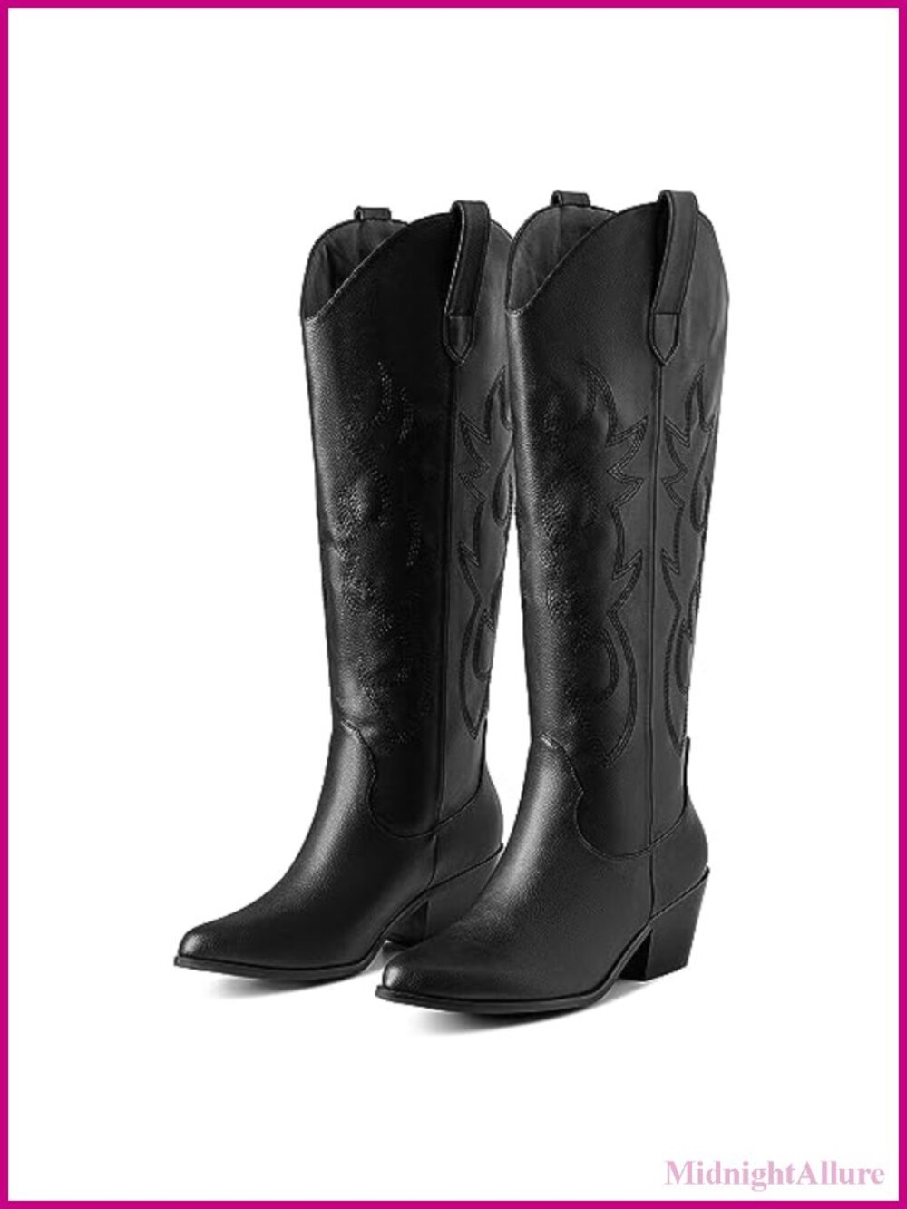 Knee High Western Boots Embroidered Pull-On Mid Heel Cowgirl Boots